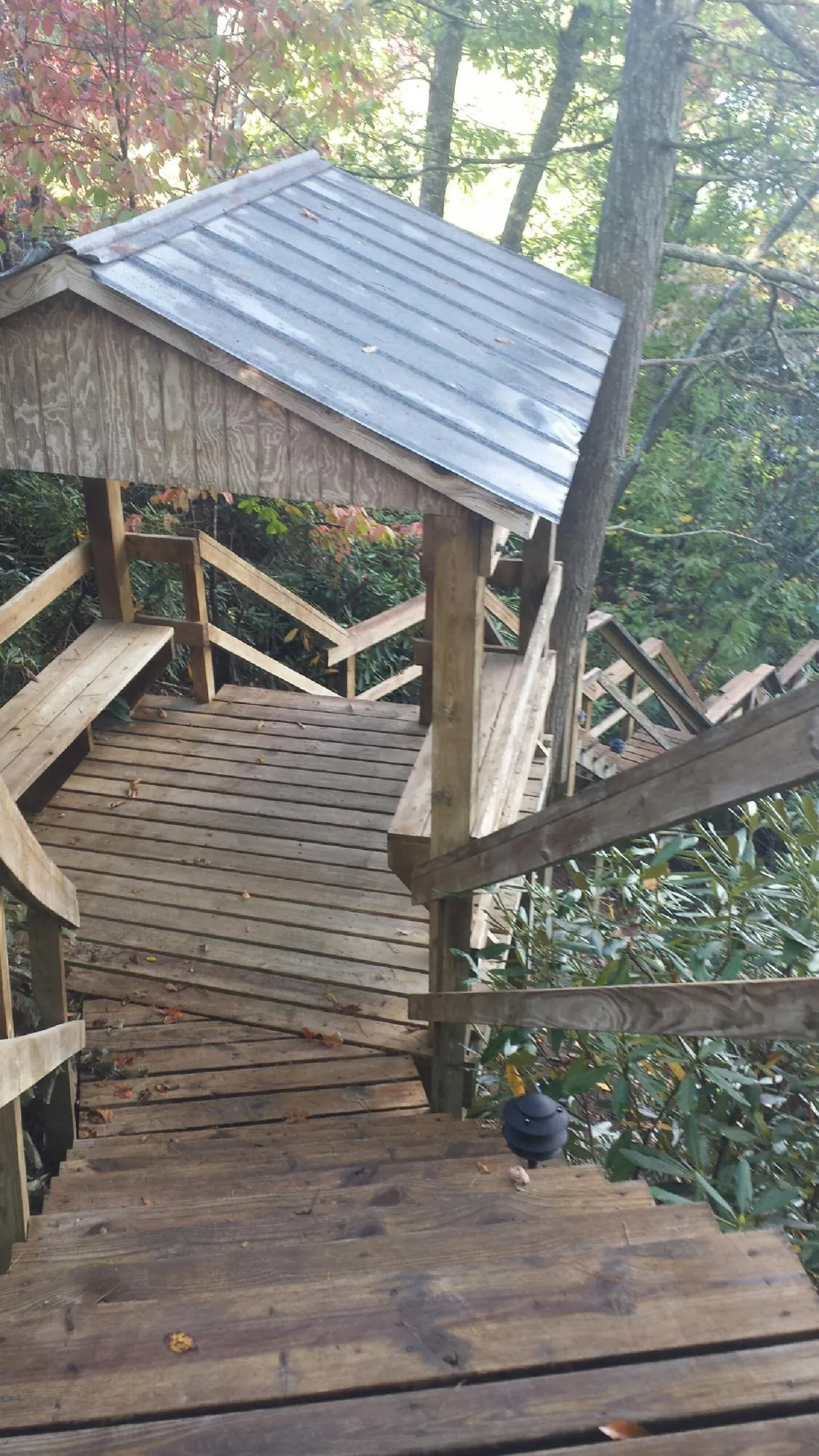 Metal roofed shelter over wooden steps on a wooded walkway — Skylight Repair & Installation work by our crew in Hidden Valley